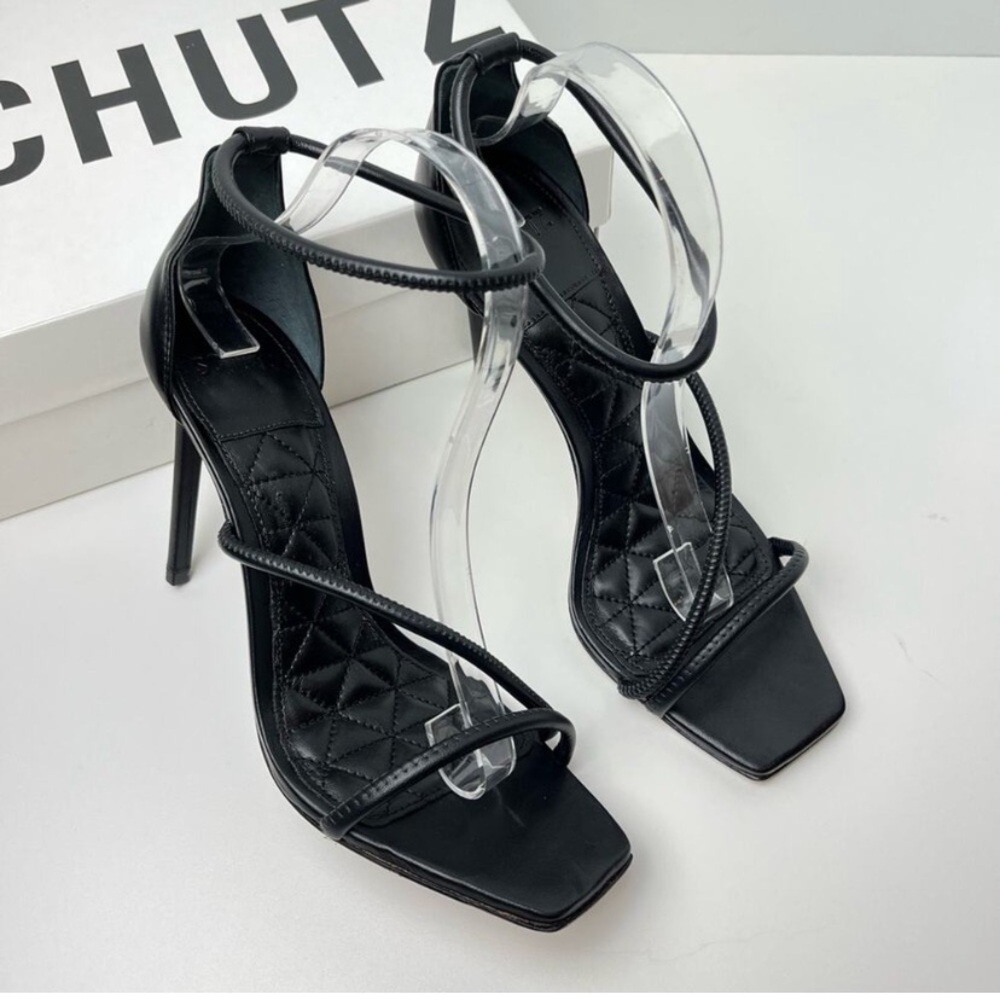 New SCHUTZ Ankle Wrap Faux Leather Black Stiletto Sandals